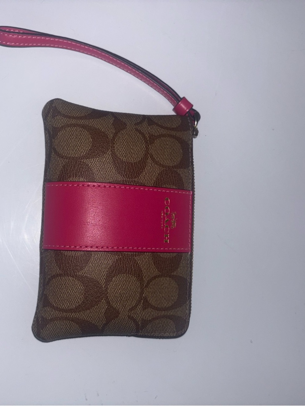 Coach Brown Signature Canvas Wristlet with Pink Leather Accent